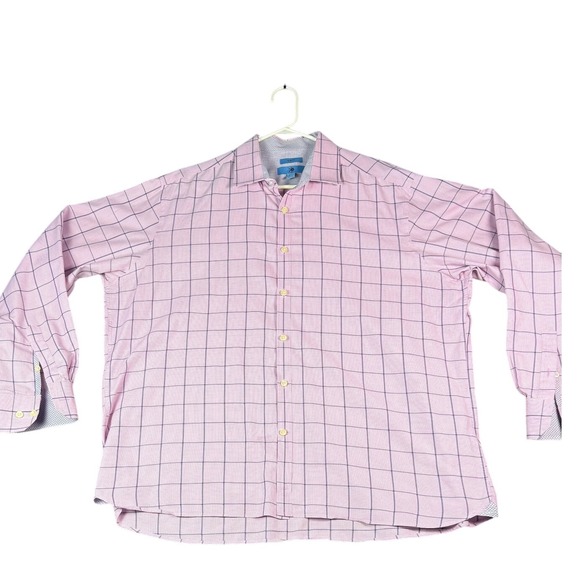 Egara‎ Men's 2XL Pink Plaid Non Iron Stretch Button Up Dress Shirt Slim Fit - Picture 1 of 7